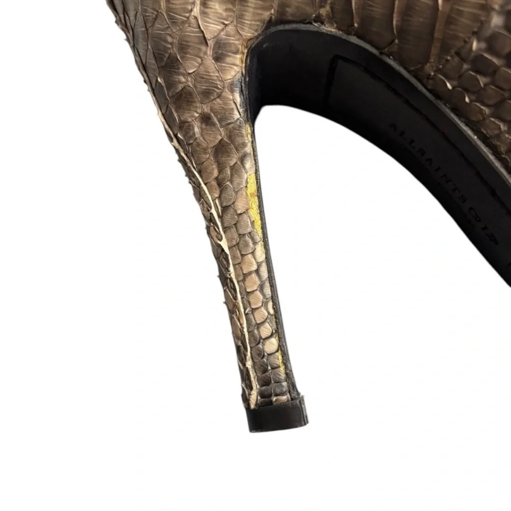 All Saints Taupe Gray Faux Snakeskin Platform Stiletto heels